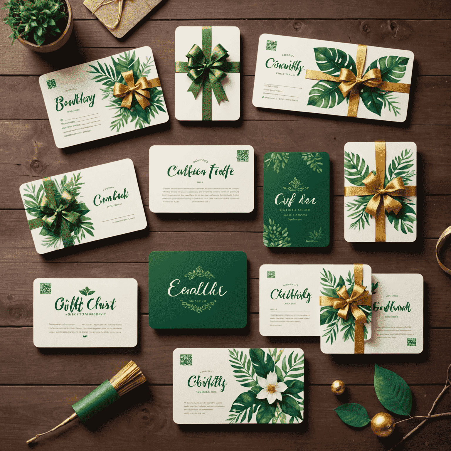 Various trendy gift cards featuring modern designs, digital elements, and eco-friendly materials