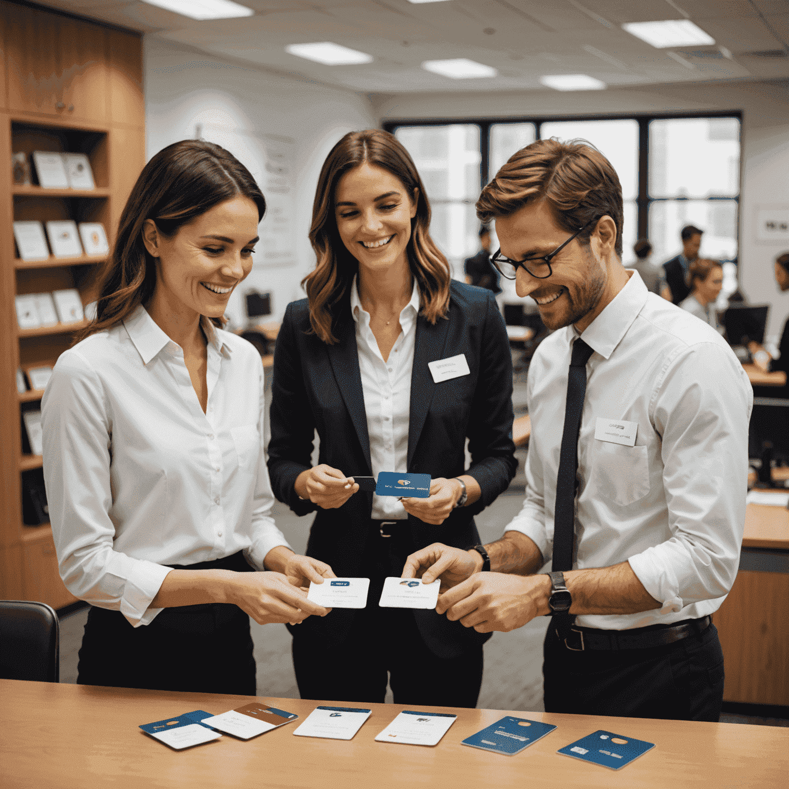 A professional office setting with employees exchanging Vanilla Gift Visa Gift Cards, showcasing corporate gifting in action