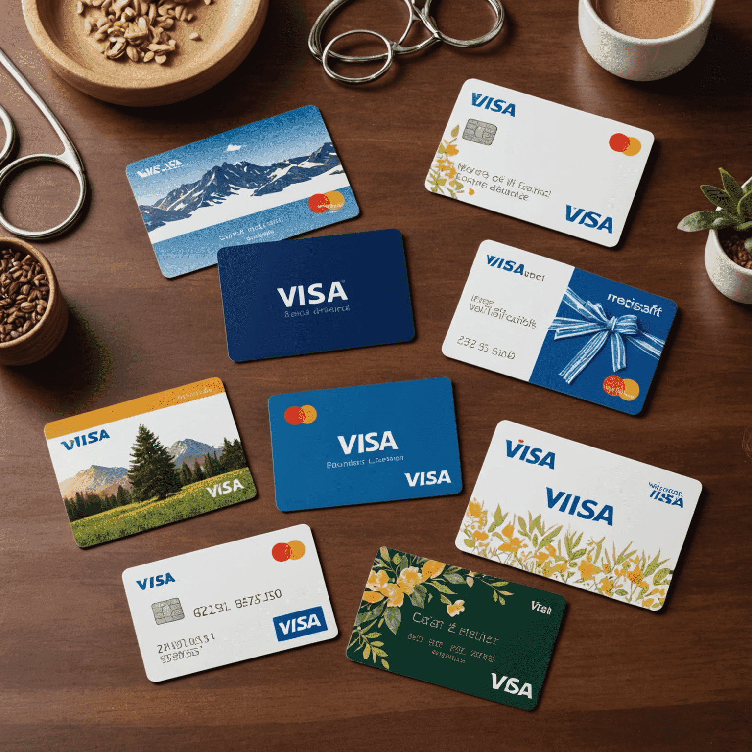 Various Visa Gift Cards displayed, including classic designs and themed cards for special occasions