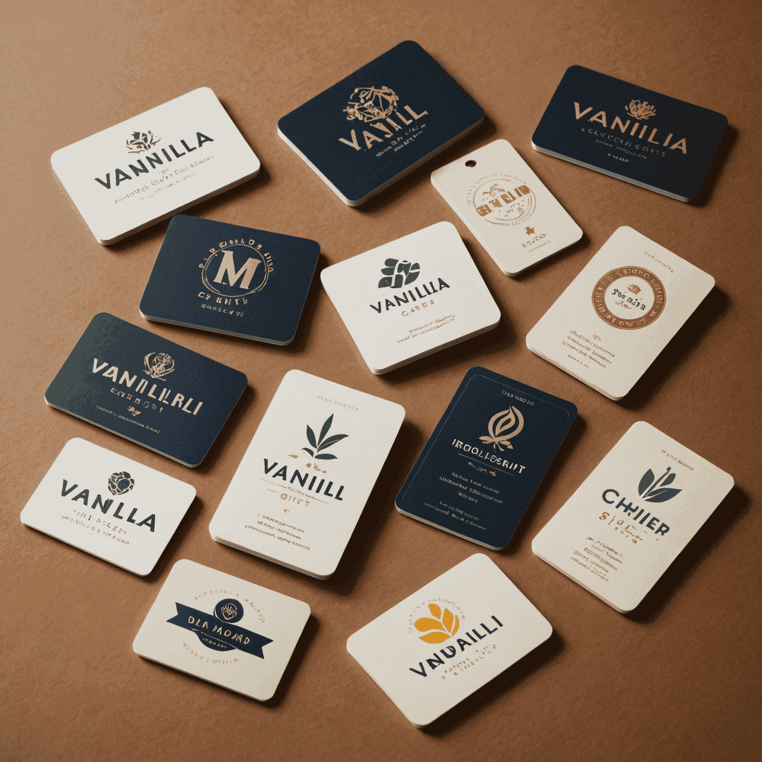 A collection of customized Vanilla Gift Cards featuring various company logos and unique designs