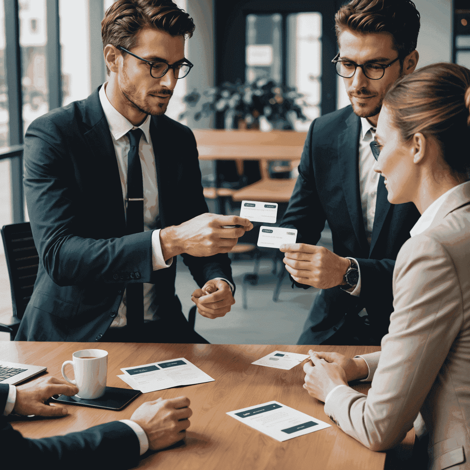 Business professionals exchanging Vanilla Gift Cards in a corporate setting