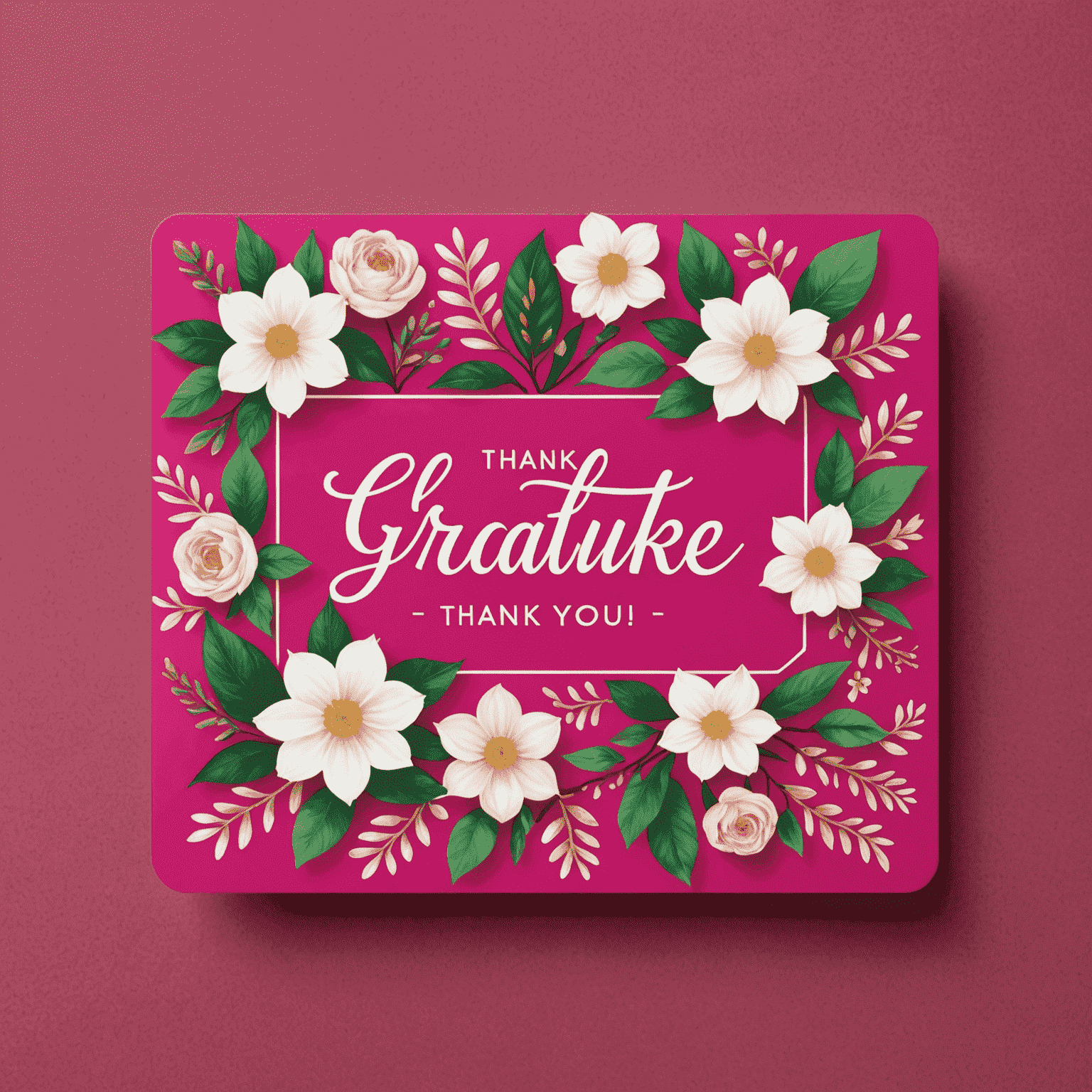 Gratitude-themed Vanilla Gift Card with 'Thank You' written in various fonts and languages on a deep pink background