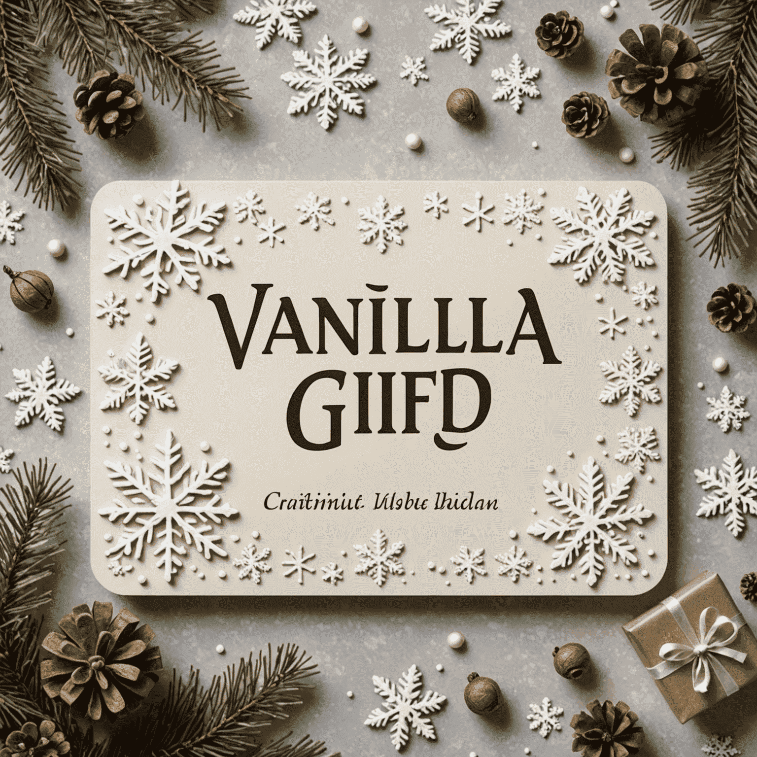 A Vanilla Gift Card with a winter holiday theme featuring snowflakes and festive decorations