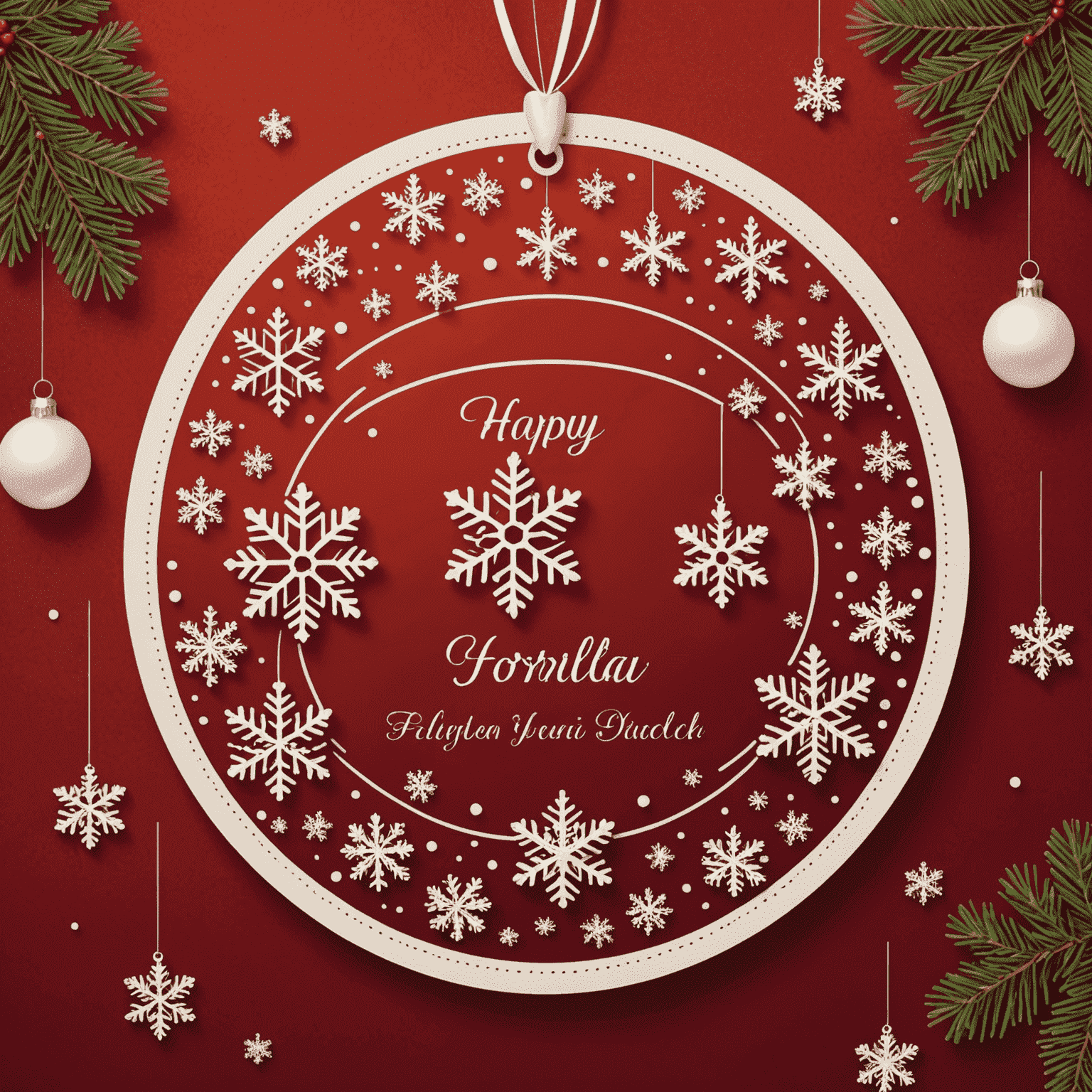 Festive holiday-themed Vanilla Gift Card with snowflakes, ornaments, and a warm red background